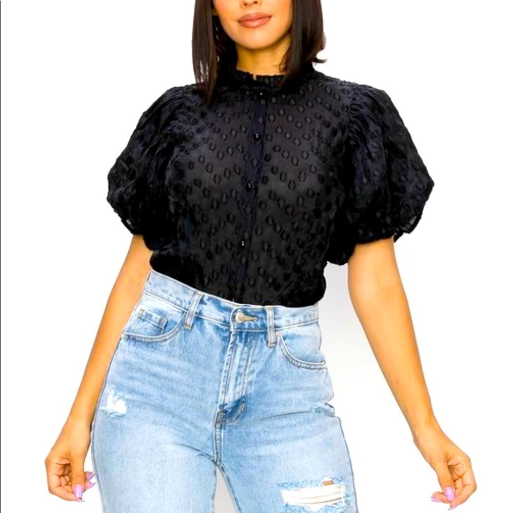 NEW FALL TRENDY BLACK KNIT JACQUARD DOT STATEMENT TOP PUFF SLEEVES